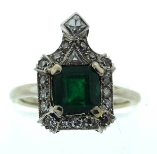 ART DECO C.1920 PLATINUM NATURAL COLUMBIAN EMERALD DIAMOND RING ENGAGEMENT: N-A000 C.1920 ART DECO PLATINUM DIAMOND EMERALD RING This unique and wonderful ring is circa 1920s. It is made of platinum, emerald & diamond. THE EMERALD IS NATURAL, COLUMBIAN, APPROX. 1.0 CTS, SQUAR