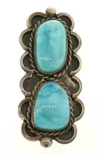 Rectangular Sterling Silver Turquoise Ring: NS U00 Sterling silver ring features two rectangular turquoise stones Measurements: 2 3/8" L x 1" W Weight is 19.9 grams The ring size is 8.25 In excellent condition; wear consistent with age and use