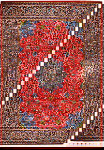 9' x 12' RED Semi Antique Persian Sarouk Rug 74731: Title:9' x 12' RED Semi Antique Persian Sarouk Rug 74731 Description:Size in Feet: Width: 9' x Length: 12' Size in Inches: Width: 108 in x Length: 144 in Colors: Ivory, Navy Blue, Reddish Orange Weave