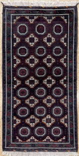 Antique Persian Balouch Hand Knotted Rug 3'9" x 7'5": Title:Antique Persian Balouch Hand Knotted Rug 3'9" x 7'5" Description:&#8226; Rug Number: H176 &#8226; Country of Origin: Iran &#8226; Style, Design: Persian Balouch, Geometric, Tribal &#8226; Size (