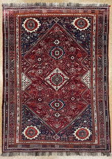 Antique Persian Qashqai Hand Knotted Rug 7' x 10'8": Title:Antique Persian Qashqai Hand Knotted Rug 7' x 10'8" Description:&#8226; Rug Number: H104 &#8226; Country of Origin: Iran &#8226; Style, Design: Persian Qashqai, Nomadic, Geometric, Tribal &#8226