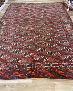 Antique Room size Turkoman Rug-1483: Title: Antique Room size Turkoman Rug-1483 Description:An antique Turkoman Yumud rug from Southeastern Turkomanistan, size 7 ft by 11 ft, circa 1900, excellent condition with a good pile throughout, c