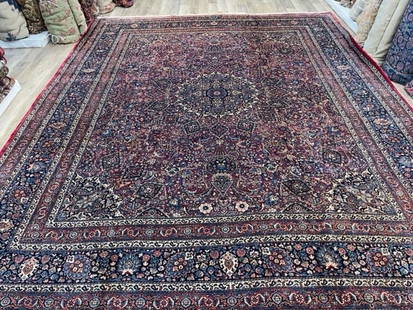 fine Antique Persian Sionged Mashad Rug-2910: Title: fine Antique Persian Sionged Mashad Rug-2910 Description:A fine antique Persian Mashad rug, singed Makhmalbaft, size 11 ft. 8 inches by 14 ft. 7 inches, circa 1930, excellent condition with a g