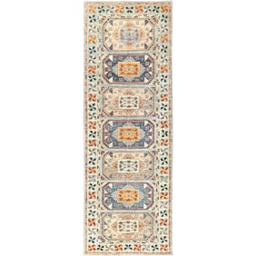Blue, 200 KPSI, Wool, Caucasian Design, Hand Knotted, Wide Runner Rug