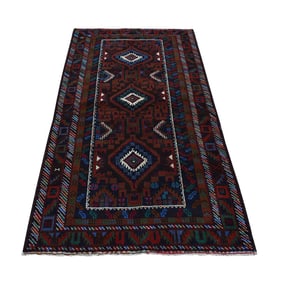 Brown, Afghan Baluch Geometric Design, Pure Wool, Hand Knotted, Rug