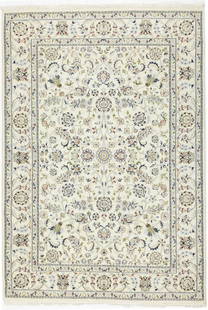 Cream Floral 5'5X7'9 Indo-Nain Oriental Rug: Title: Cream Floral 5'5X7'9 Indo-Nain Oriental Rug Description:Handmade 5'5X7'9 cream&nbsp;Oriental rug made with vegetable dyes (fine wool pile and cotton foundation), exceptional knot count, and app