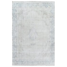 Ivory, Worn Wool Hand Knotted, Old Persian Kerman Distressed Look Rug