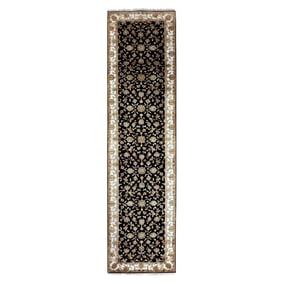 Caviar Black Rajasthan Hand Knotted Wool Silk Runner Oriental Rug