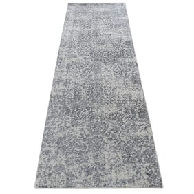 Nickel Gray, Fine Jacquard Hand Loomed, Wool and Silk, Runner Rug