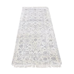 Ivory, Erased Tone on Tone, Wool and Silk Hand Knotted Runner Rug