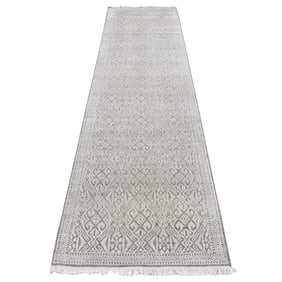 Green, Hand Knotted, Abarasque Design, Real Silk and Wool Runner Rug