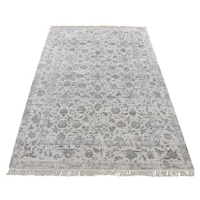 Ivory Broken Erased Tabriz design Wool and Silk Hand Knotted Rug