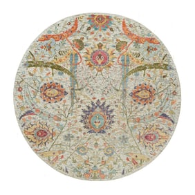 Canvas Tan Silk and Wool Sickle Hand Knotted Leaf Design Round Rug