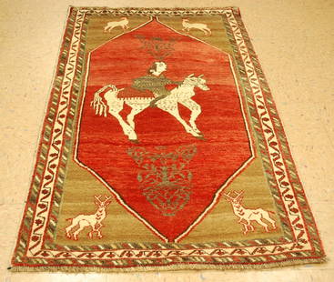 Persian SHIRAZ RUG 3.6x6.1: Title: Persian SHIRAZ RUG 3.6x6.1 Description:OLD,ANTIQUE RARE SIZE HUMAN SUBJECT ON HORSE BACK ANTIQUE CAMEL HAIR_WOOL AUTHENTIC HAND KNOTTED Persian QASHKI SHIRAZ RUG with exact size of 3' 6" x 6' 1