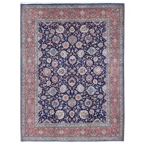 Midnight Blue, New Persian Kashan, Organic Wool Hand Knotted Rug