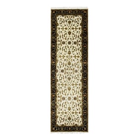 Ivory, Hand Knotted Rajasthan Design, Wool and Silk Runner Rug