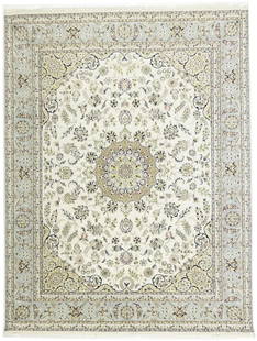 Cream Floral 8X10 Indo-Nain Oriental Rug: Title: Cream Floral 8X10 Indo-Nain Oriental Rug Description:Handmade 8X10 cream&nbsp;Oriental rug made with vegetable dyes (fine wool pile and cotton foundation), exceptional knot count, and appealing