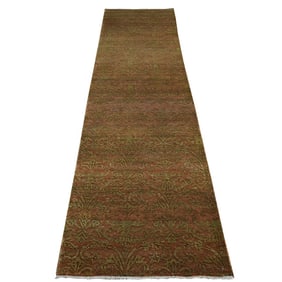 Brown, Abarasque Design, Wool and Silk Hand Knotted Runner Rug
