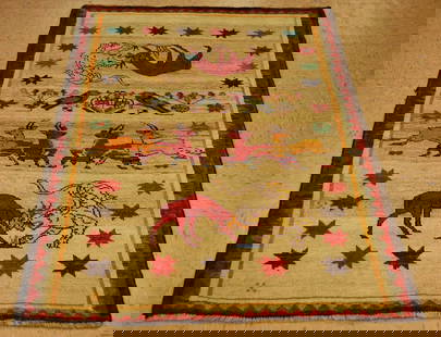 PERSIAN SHIRAZ RUG 3.9x5: Title: PERSIAN SHIRAZ RUG 3.9x5 Description:OLD, ANTIQUE ANIMAL SUBJECTS AUTHENTIC AUTHENTIC HAND KNOTTED Persian QASHKI SHIRAZ RUG with exact size of 3' 9" x 5' natural dyed wool woven on wool founda