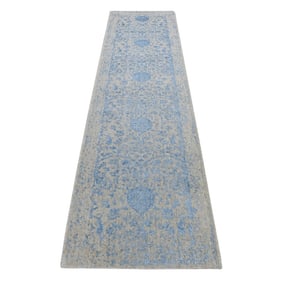 Blue, Jacquard Hand Loomed, Wool/Silk, Pomegranate Design Runner Rug
