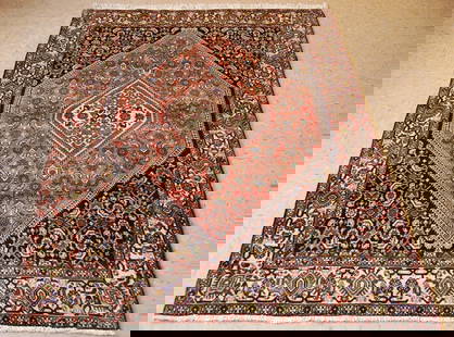 PERSIAN BIJAR RUG 4' 9" X 6'11": Title: PERSIAN BIJAR RUG 4' 9" X 6'11" Description:OLD,ANTIQUE HIGHLY DETAILED TRADITIONAL,IVORY BORDER DESIGN HIGH KPSI_KORK WOOL AUTHENTIC HANDKNOTTED PERSIAN BIJAR RUG.........Red field AND BLACK..