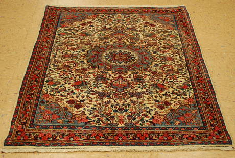 PERSIAN-BIJAR RUG 3'9" x 4'10": Title:PERSIAN-BIJAR RUG 3'9" x 4'10" Description: OLD,ANTIQUE FINE HIGH KPSI_KORK WOOL_CLASSIC VILLAGE WOVEN AUTHENTIC HAND KNOTTED PERSIAN-BIJAR ORIENTAL RUG .with exact size of 3'9" x 4'10" Multicol