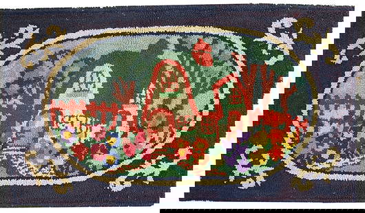 Hand made antique American hooked rug 2.5' x 4.3' ( 76cm x 131cm ) 1920: Title: Hand made antique American hooked rug 2.5' x 4.3' ( 76cm x 131cm ) 1920 Origin:USA Dimension: 2.5' x 4.3' ( 76cm x 131cm ) Materials:wool Year:1920s Description:Decorative antique American hook