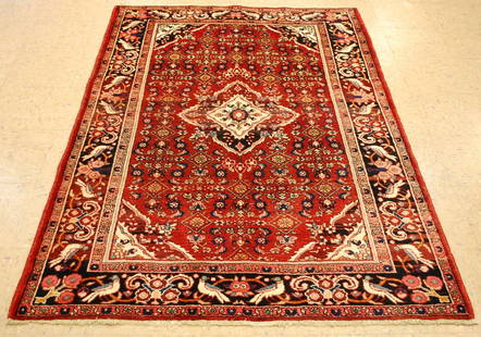 PERSIAN BIJAR RUG 4' 5"X 6' 5": Title: PERSIAN BIJAR RUG 4' 5"X 6' 5" Description:OLD,ANTIQUE HIGHLY DETAILED TRADITIONAL,BLACK BIRD BORDER DESIGN HIGH KPSI_KORK WOOL AUTHENTIC HANDKNOTTED PERSIAN BIJAR RUG.........Red field........