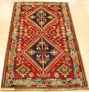 Persian SHIRAZ RUG 2'8"x4'11": Title: Persian SHIRAZ RUG 2'8"x4'11" Description:OLD, ANTIQUEDETAILED TRUE BEAUTY COLORFUL NOMADIC AUTHENTIC HAND KNOTTED Persian SHIRAZ QASHKAI RUG with exact size of 2'8"x4'11" RARE DESIGN,FULL COLO