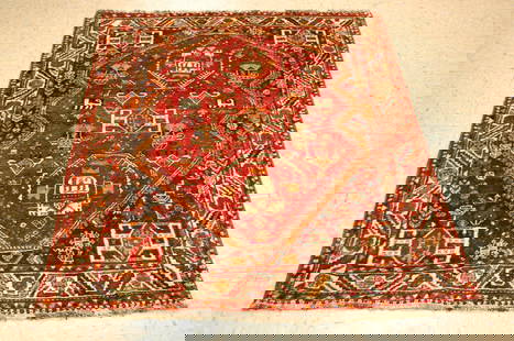 Persian SHIRAZ RUG 4x4.10: Title: Persian SHIRAZ RUG 4x4.10 Description:OLD, ANTIQUE SO MUCH DETAILS AUTHENTIC HAND KNOTTED Persian SHIRAZ RUG with exact size of 4' x 4' 10" natural dyed wool woven on wool foundation with amazi