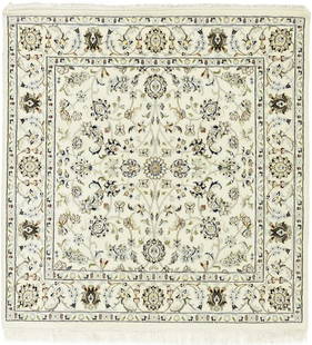 Cream Floral 4X4 Indo-Nain Oriental Square Rug: Title: Cream Floral 4X4 Indo-Nain Oriental Square Rug Description:Handmade 4X4 cream&nbsp;Oriental rug made with vegetable dyes (fine wool pile and cotton foundation), exceptional knot count, and appe