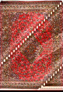 9' x 12' Pre Owned Persian Bijar floral Sarouk Rug 74740: Title:9' x 12' Pre Owned Persian Bijar floral Sarouk Rug 74740 Description:Size in Feet: Width: 9' x Length: 12' Size in Inches: Width: 108 in x Length: 144 in Colors: Red Orange, Ivory, Mid Blue Weav