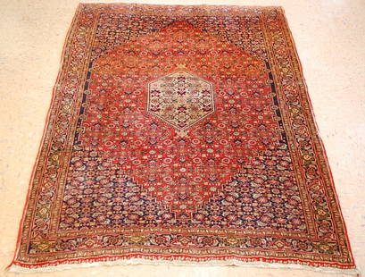 PERSIAN BIJAR RUG 4x5.2: Title:PERSIAN BIJAR RUG 4x5.2 Description:OLD,ANTIQUE HIGHLY DETAILED HIGH KPSI_KORK WOOL AUTHENTIC HANDKNOTTED PERSIAN BIJAR RUG CLASSIC VILLAGE WOVEN......... Red and Royal Blue field...............