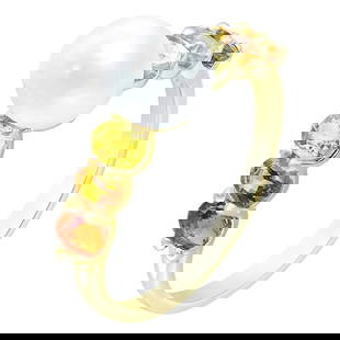 Rare Red / Yellow / Orange Sapphire Pearl Diamond Yellow Gold Ring: Ring Yellow Gold 14 K (Matching Earrings Available) Diamond 1-RND-0,01-H/VS2A Orange Sapphire 2-0,46 ct Yellow Sapphire 2-0,46 ct Pearls diameter 7,0-7,5 - 1-2,62ct Red Sapphire 2-0,46ct Weight 2.55 g