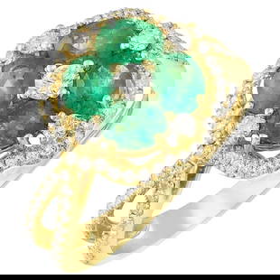 Impressive Emerald Diamond Yellow Gold Ring: Ring Yellow Gold 14 K (Matching Earrings Available) Diamond 74-RND-0,35-G/VS1A Diamond 4-RND-0,11-G/VS1A Diamond 1-RND-0,09-G/VS1A Emerald 4-1,7ct Weight 3.54 grams Size 16.2 With a heritage of ancien