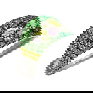 Diamond Chrysolite Tsavorite Quartz White Gold Designer Fashion Cocktail Ring: Irregular, soft drops of colourful garnet live accompanied by smaller, contrasting diamonds, quartz and chrysolite creating a unique masterpiece of fine jewellery. Something completely unique and spec