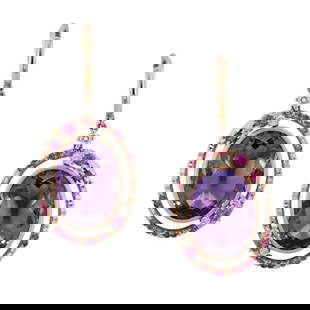 Fancy 20 Carat Purple Amethyst White Diamond Pink Sapphire 18 K Gold Earrings: Earrings 18K Diamond2-Round 57-0,14-4/6A Diamond8-Round 57-0,23-4/6A Diamond 34-Round 57-0,27-4/6A Amethyst 2-20,07 2/1A Pink Sapphire 6-Round-0,4 2/3A Pink Sapphire 30 Round Weight 11,54 gram embrace