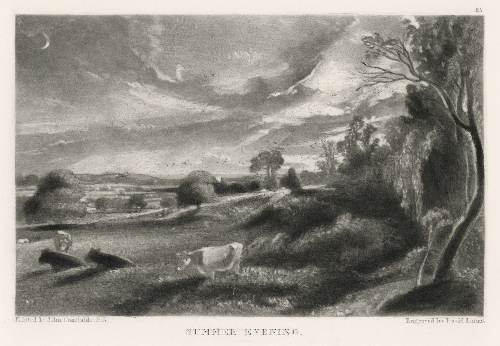 John Constable mezzotint "Summer Evening": Medium: mezzotint (engraved by David Lucas after the John Constable painting). Printed in 1855 on cream wove paper for the "English Landscape Scenery" portfolio, published in London by Henry Bohn. Pla