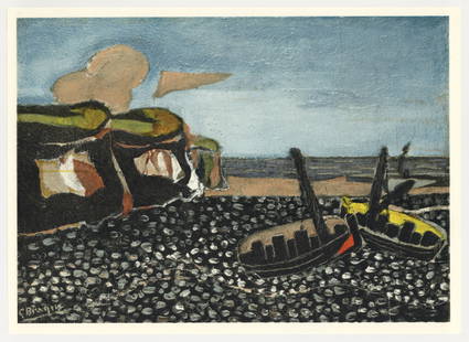 Georges Braque lithograph "Les barques bleues": Medium: lithograph (after the painting). Printed in 1968 by L'Imprimerie Arte and published by the atelier Maeght for the Varengeville portfolio. Size: 10 x 13 3/4 inches (250 x 350 mm). This work was