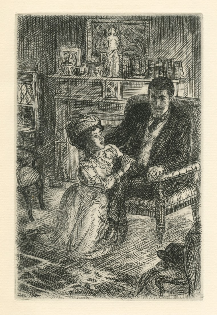 John Sloan original etching | Of Human Bondage: Medium: original etching. Executed by John Sloan to illustrate the Somerset Maugham classic "Of Human Bondage" and issued in 1938 in a limited edition of 1500 by the Yale University Press for members