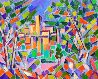 Abstract oil painting City behind the trees Peter Tovpev: №Dobr 835 The oil painting is a mesmerizing piece of abstract art that portrays a unique juxtaposition between nature and urbanization. In the foreground, there is a dense forest depicted with b
