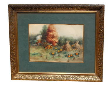 Antique Watercolor Painting Country Farm with House, Haystacks & Pumpkins: Original Antique Watercolor Painting. Country Farm with House, Haystacks and Pumpkins, 9-1/2" x 13-1/2" sight size watercolor (framed size: 19" x 23") signed on the center right side. Signature looks