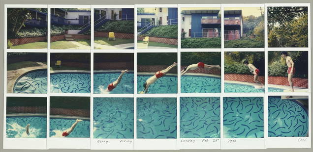 David Hockney 'Jerry Diving' Photo Print: Description: David Hockney 'Jerry Diving' Photo Print measuring at 19.75x41 inches Date: 1982 Material: Fine Art Paper Additional Information: Reproduction Reserve: $60.00 Shipping: Domestic: Flat-rat