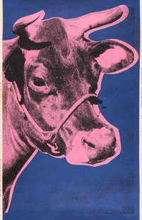 Andy Warhol Cow Poster on Linen: Description: Andy Warhol Cow Poster on Linen measuring at 46x29 inches Date: 1971 Material: Fine Art Paper & Linen Additional Information: Reproduction Reserve: $90.00 Shipping: Domestic: Flat-rate of
