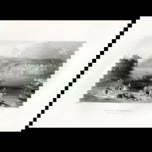 Brock's Monument from the American Side – Antique Steel Engraving c.1840 by Charles James: A striking antique steel engraving titled Brock's Monument (From the American Side), engraved by Charles James Richardson after a drawing by renowned British landscape artist William Henry Bartlett (1