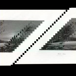 Winter Scene on the Catterskill – Antique Moonlit Landscape Engraving c.1840 by John Rogers: Evocative antique steel engraving titled Winter Scene on the Catterskill, engraved by John Rogers after the renowned English artist William Henry Bartlett (1809–1854). This dramatic night scene,