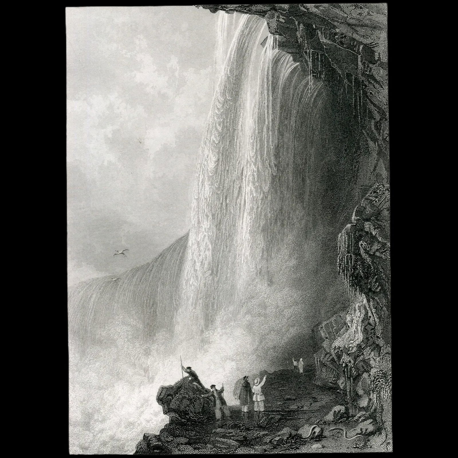 Horse-Shoe Fall, Niagara – Entrance to the Cavern on the English Side – Engraving by R.: A breathtaking 19th-century engraving of the Horseshoe Falls, the most iconic section of Niagara Falls, based on a drawing by renowned British landscape artist Thomas Allom and engraved by R. Sands. T