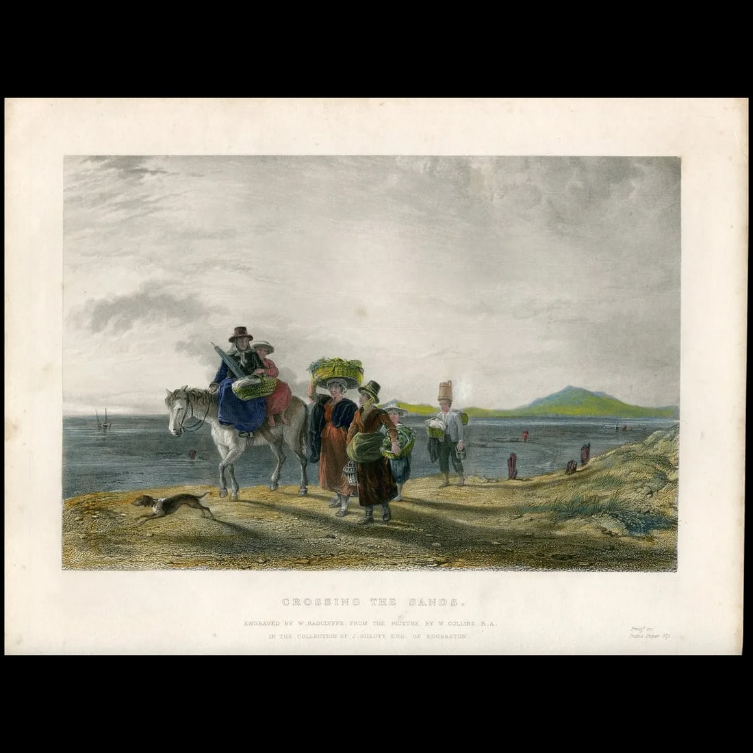 Crossing the Sands – Antique Engraving by William Collins (1788–1847): This charming hand-colored engraving captures a nostalgic rural scene titled Crossing the Sands, based on the painting by William Collins (1788–1847) and engraved by William Radclyffe (1783̵