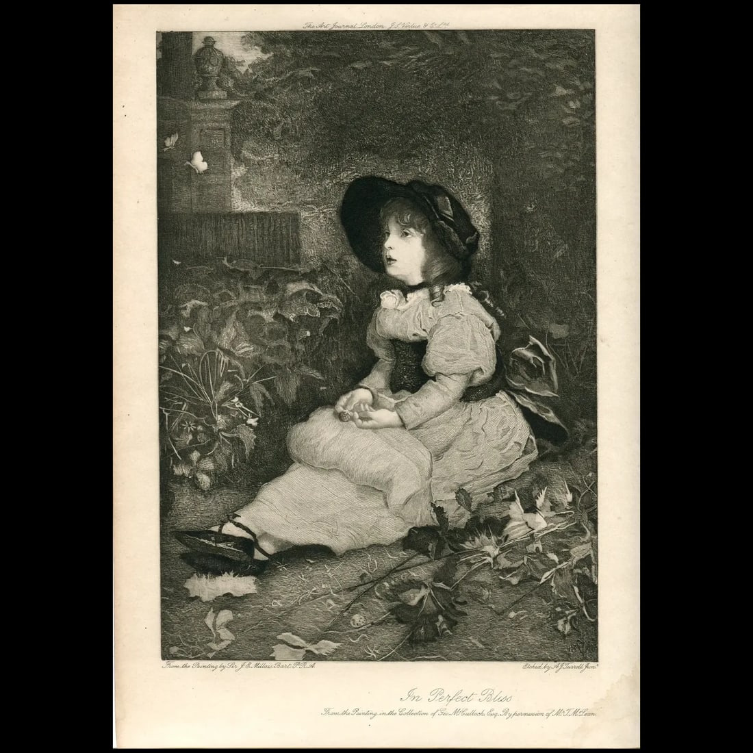 Antique Engraving – In Perfect Bliss – Sir John Everett Millais & Arthur James Turrell: A tender and poetic engraving after a portrait by John Everett Millais, titled "In Perfect Bliss", depicting a young girl seated on the grass, lost in a moment of innocent contemplation. Butterflies f