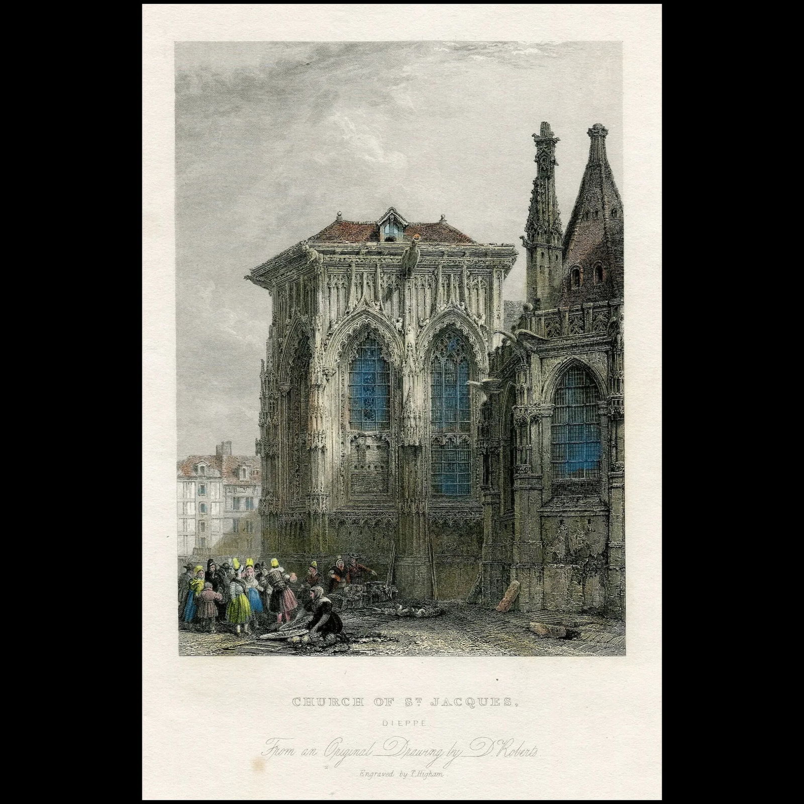 The Lady Chapel of the Church of St-Jacques, Dieppe, France - Antique engraving.: Antique engraving from The Lady Chapel of the Church of St-Jacques, Dieppe, France. Handcoloured Artist: after David Roberts (24 October 1796 – 25 November 1864). Engraver: Thomas Higham (1796-1